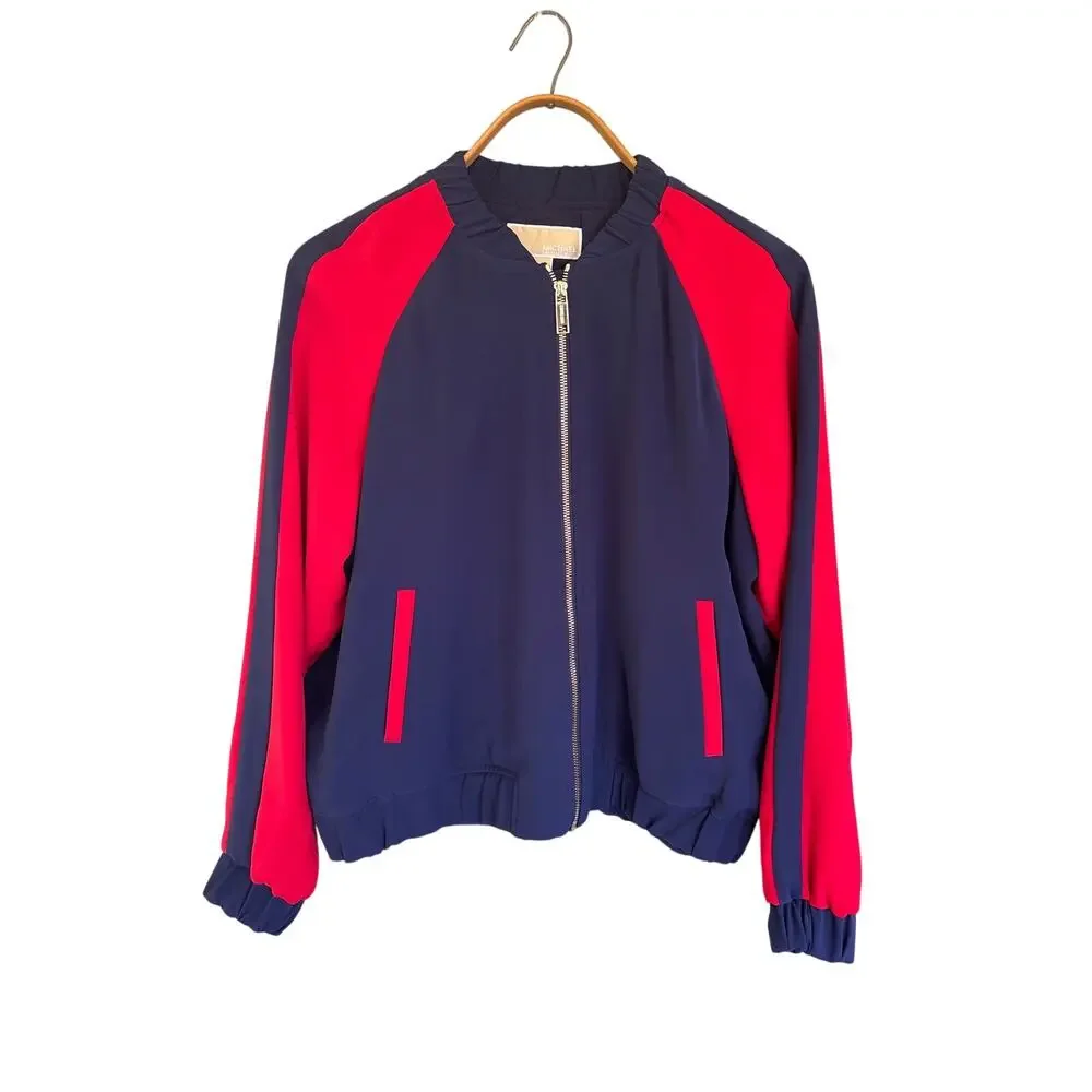 Michael Kors Quilted Shacket Jacket Women's Blue Red Zip Front Lightweight Large